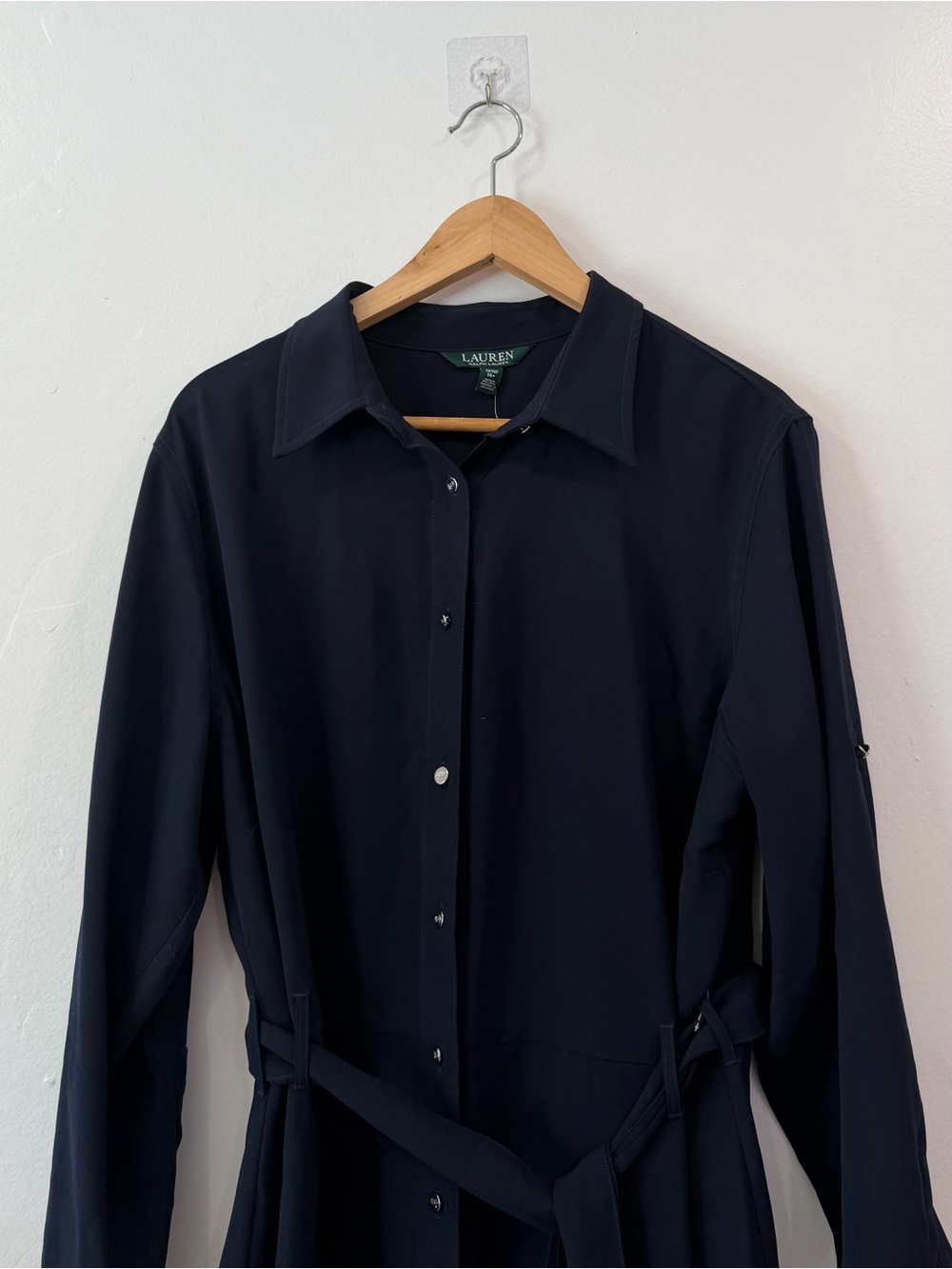 Lauren Ralph Lauren Belted Button Down Navy Blue Midi Dress Quiet Luxury - Picture 2 of 6